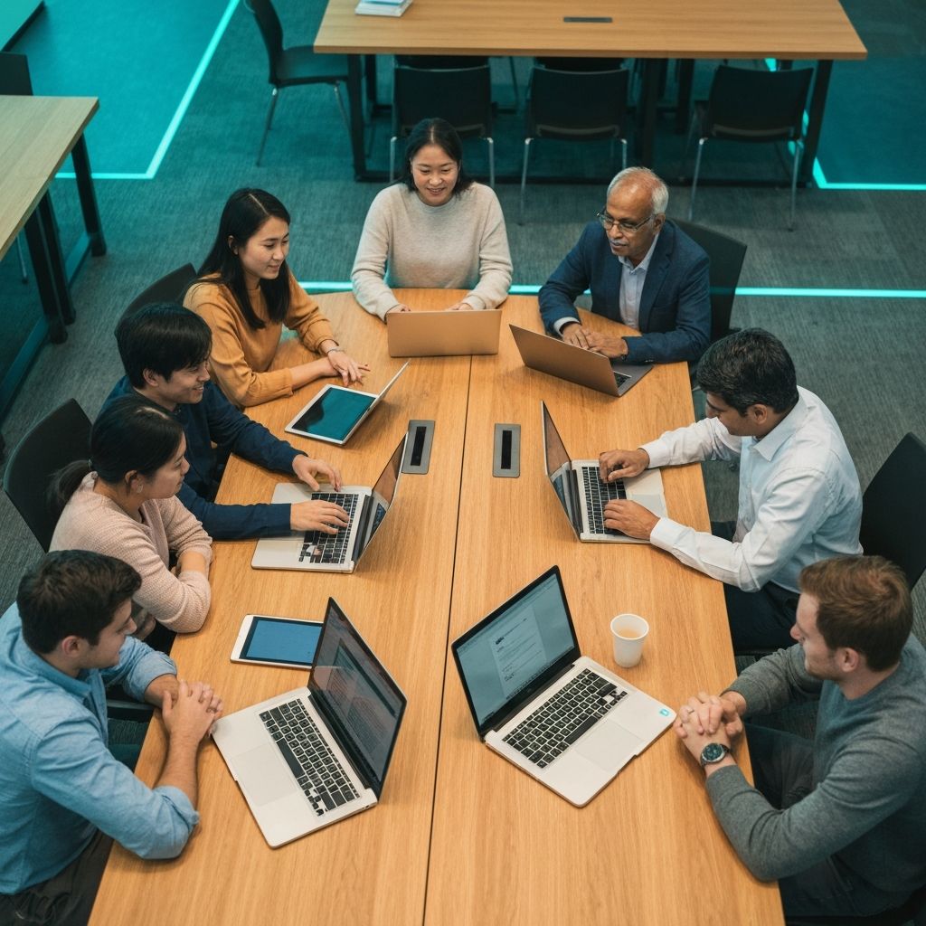 Professores e estudantes colaborando em ambiente educacional moderno