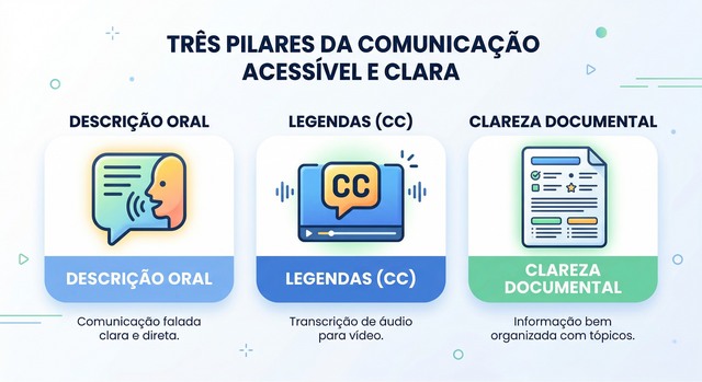Um infográfico com o título "TRÊS PILARES DA COMUNICAÇÃO ACESSÍVEL E CLARA". Abaixo, três painéis com ícones ilustram a "DESCRIÇÃO ORAL", "LEGENDAS (CC)" e "CLAREZA DOCUMENTAL"